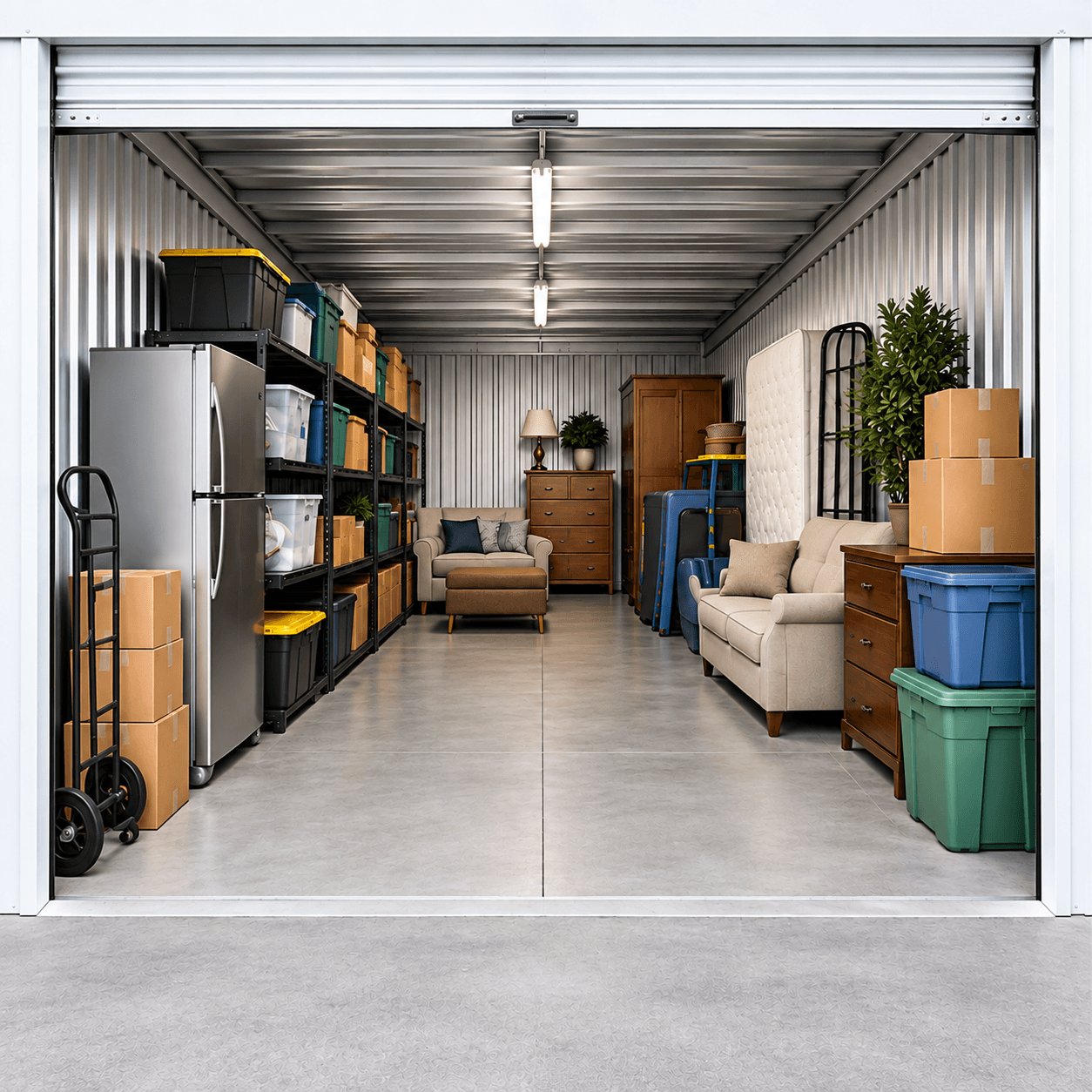 Open drive-up storage unit with shelving, boxes, and furniture inside
