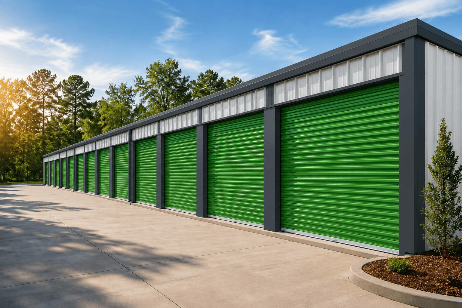 Row of green roll-up storage doors along a paved drive-up lane